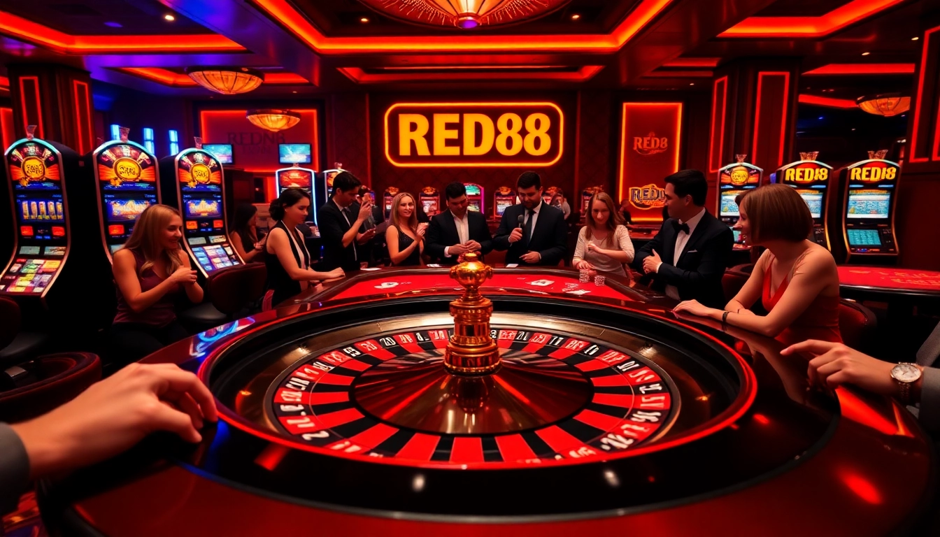 Players enjoying a thrilling game at the RED88 casino, featuring poker tables and vibrant slot machines.
