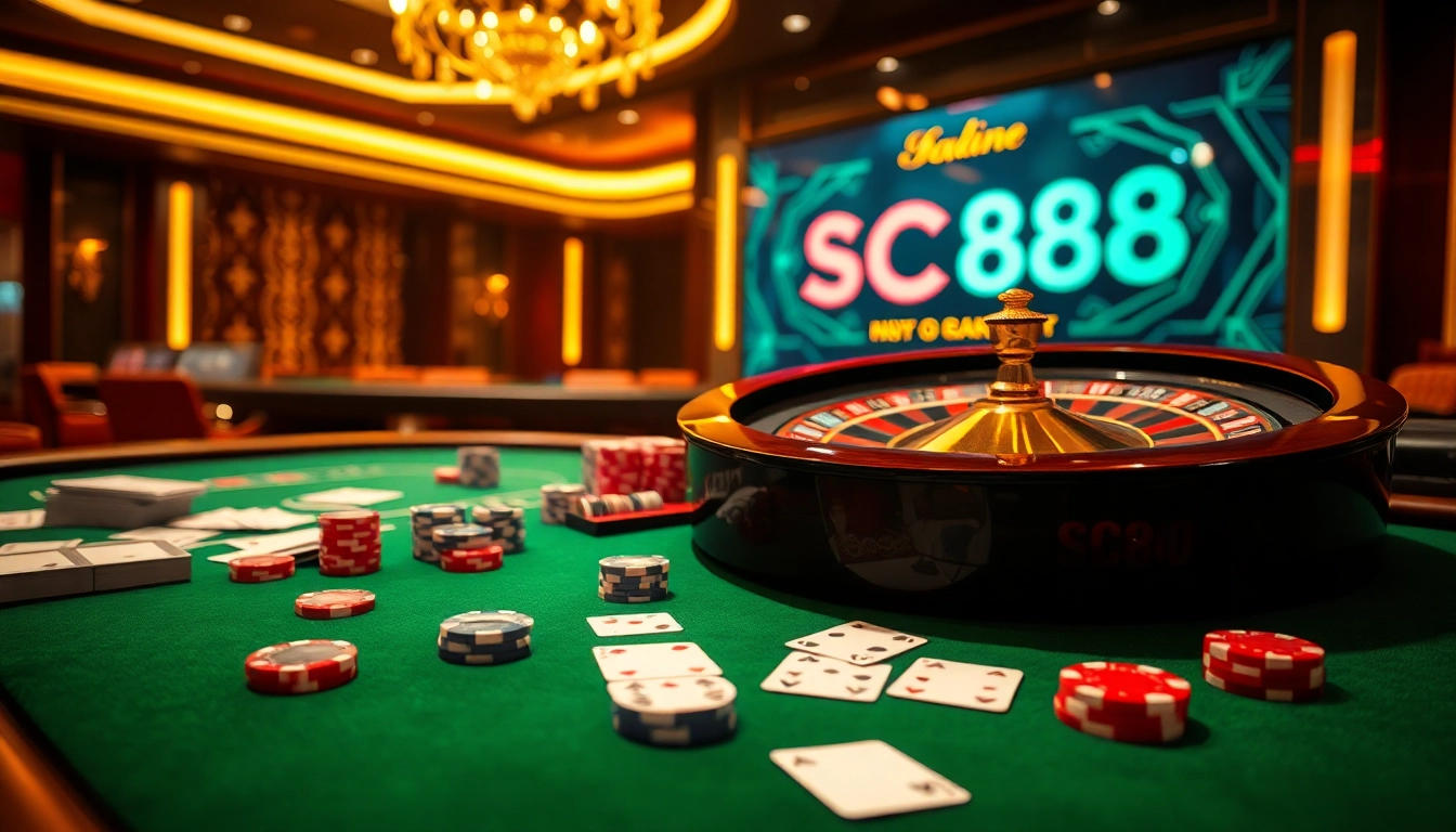 SC88 casino scene with vibrant roulette wheel and poker chips offering an exhilarating gambling experience.