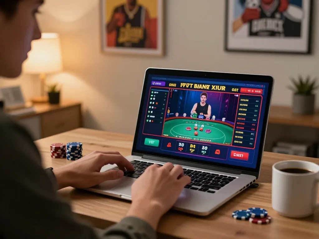 Person engaging in live betting on a laptop with dagatructiep interface in a stylish home setup.
