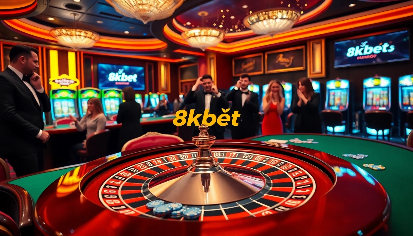 Players enjoying a thrilling moment at the 8kbet casino, featuring a roulette wheel and vibrant poker chips.
