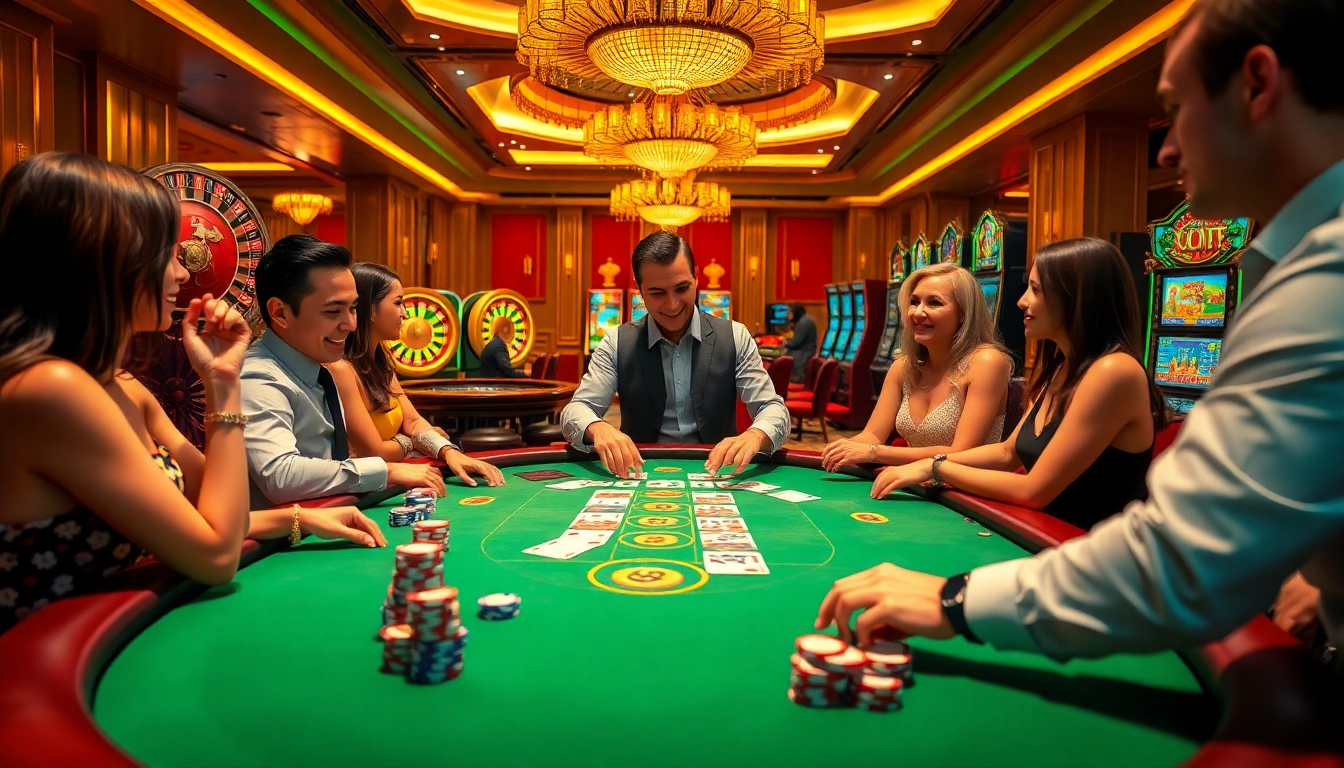 Engaging players at a luxurious casino table enjoying game đánh bài đổi thưởng atmosphere.