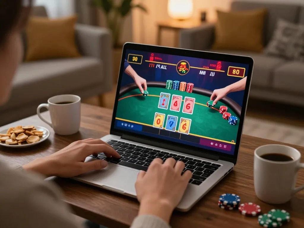 Player engaging in online gambling at home using TG88 platform for an exciting experience.