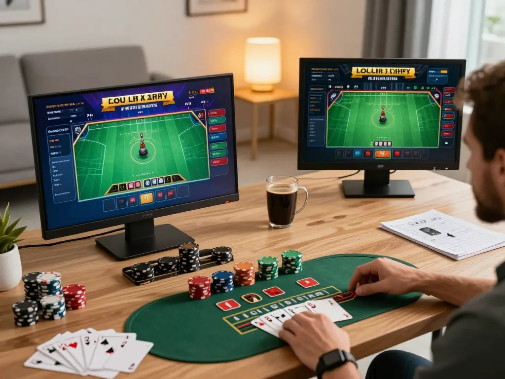 XI88 players engaging in strategic online blackjack and sports betting from a cozy home setup.