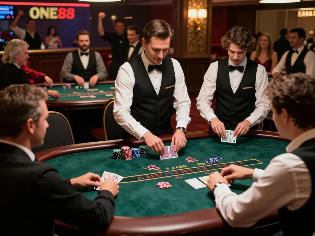 Players enjoying a live blackjack game at ONE88, showcasing excitement and competitive spirit.
