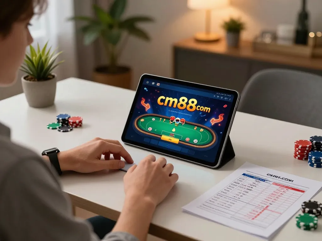 Engaging gameplay on cm88.com app displayed on tablet in cozy at-home gaming setup.