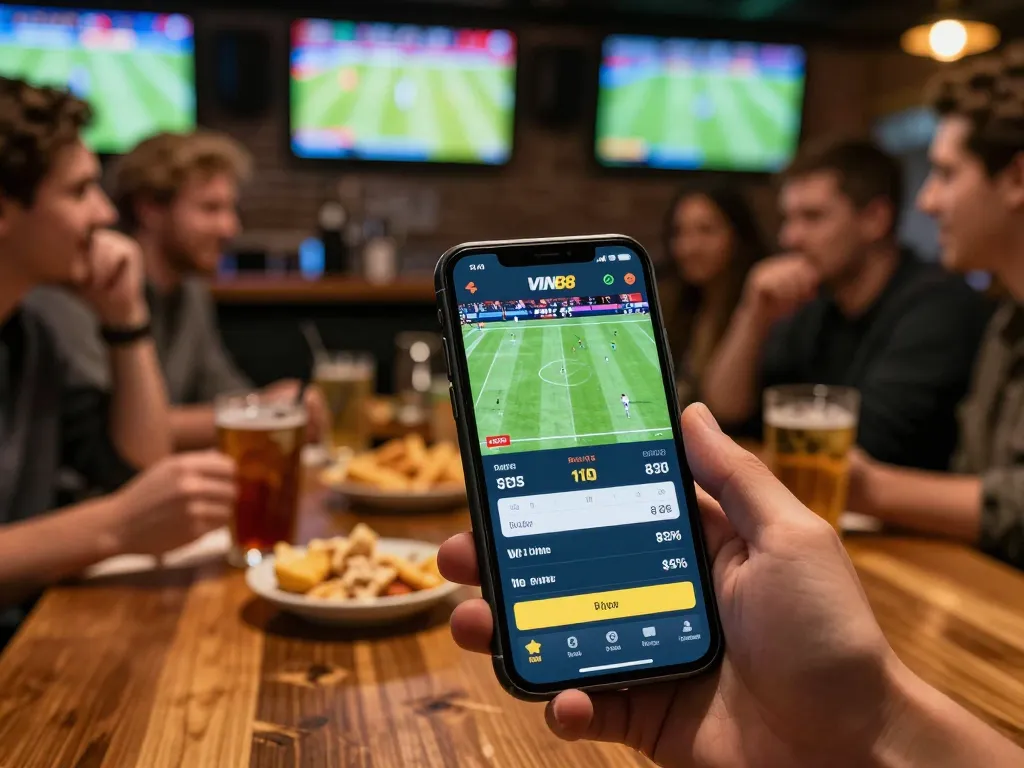 Engaging sports bettor analyzing odds on the VIN88 app in a lively sports bar setting.