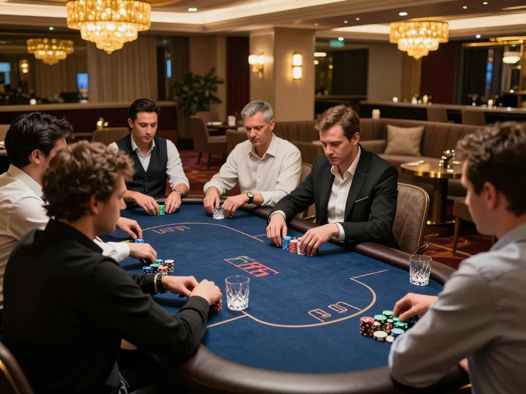 789CLUB VIP gaming area with intense poker gameplay and luxury decor, showcasing strategic gambling moments.