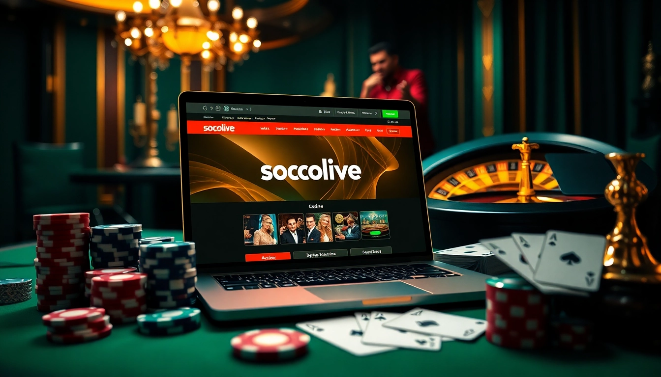 Experience an exciting online gambling atmosphere with https://socolive.mobi/ showcasing poker chips and vibrant casino elements.