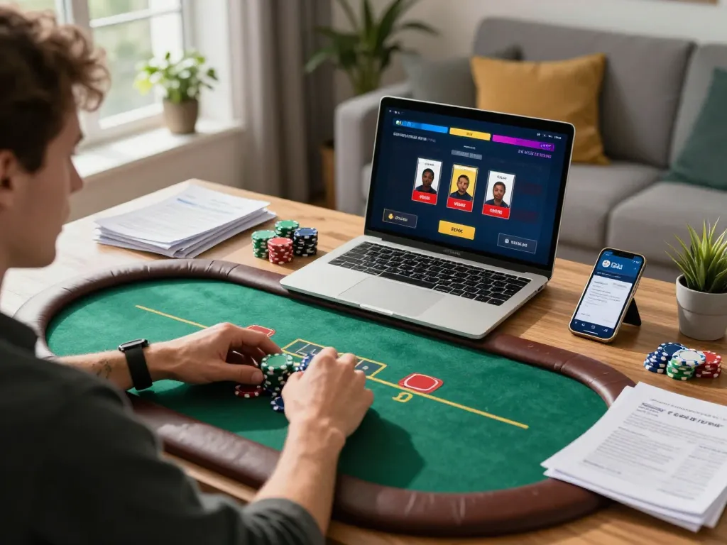 Player engaging in a competitive online poker game on FABET app, chips in hand, cozy home setting.