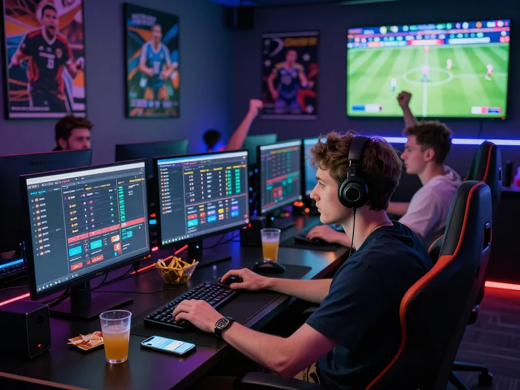 Young man engaged in online betting on zbet in a vibrant gaming room.