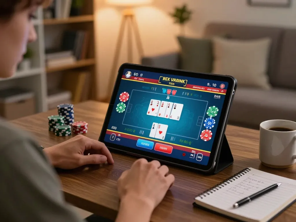 Engaging poker gameplay on G28 tablet in a cozy living room with strategy notes.
