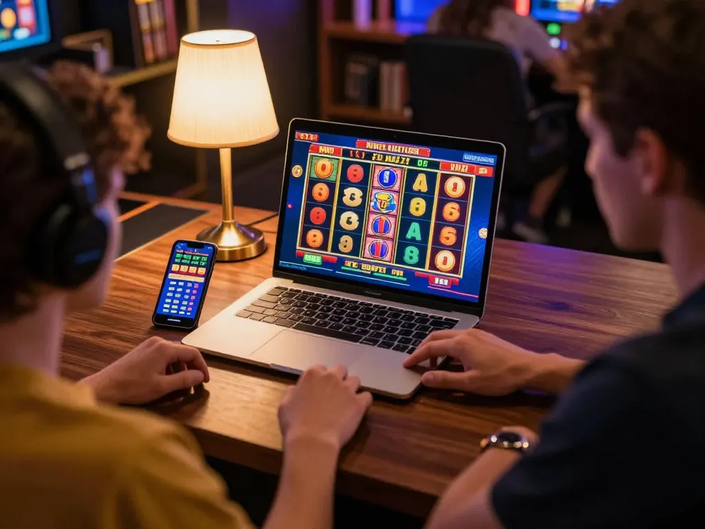 Experience the excitement of 92slot as a player spins colorful reels on a laptop.