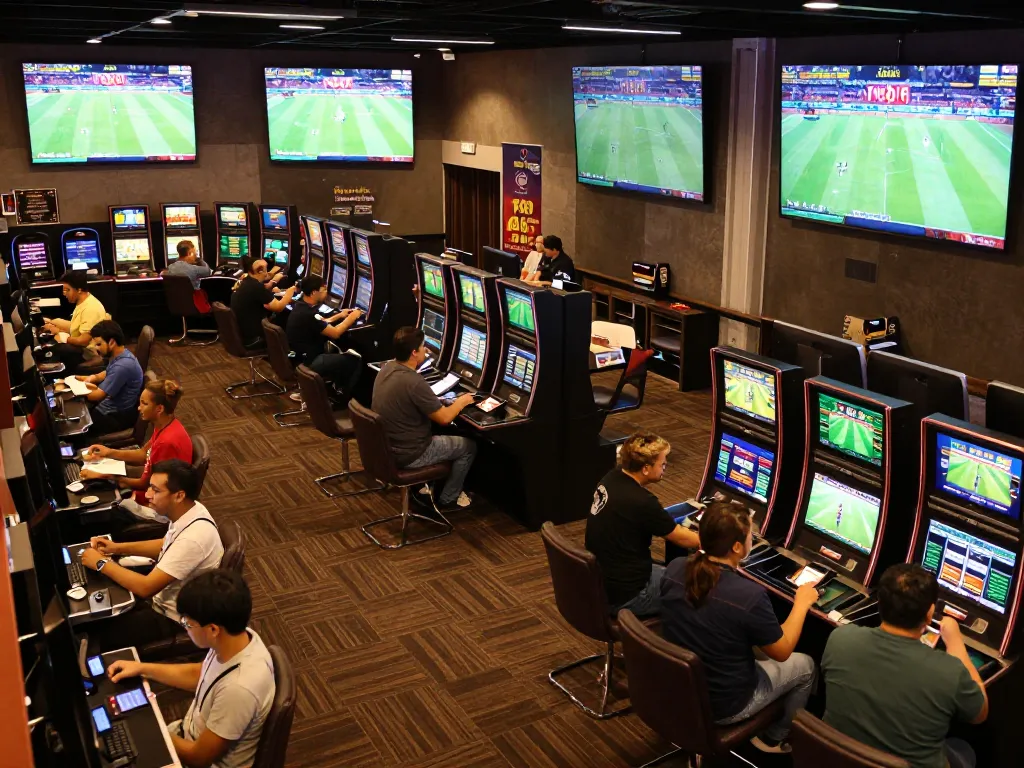 Engaged fans placing bets on thể thao mb66 in a lively sports betting venue, showcasing excitement and strategic gameplay.