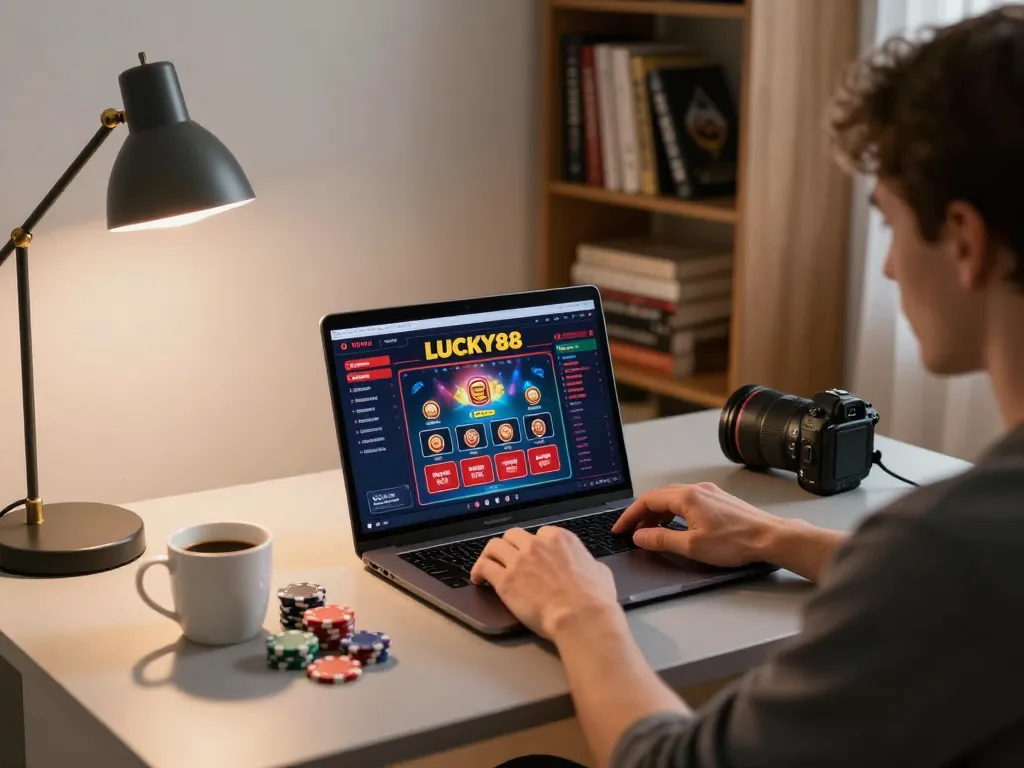 Player engaging with LUCKY88's online casino platform at home, showcasing strategic gameplay with modern decor.