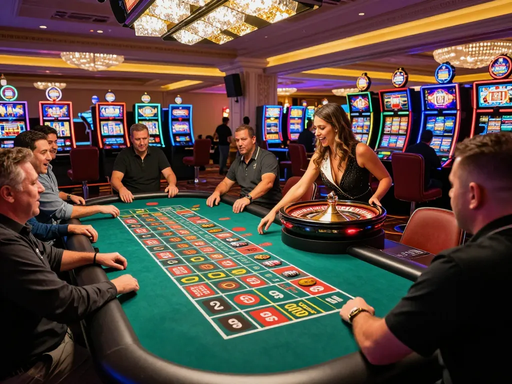 DABET players engaging in a thrilling roulette game at a bustling casino, showcasing excitement and strategy.