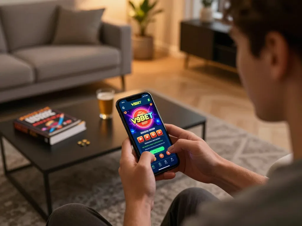 Mobile gaming with V9BET app displayed on smartphone, person engaged in online gambling.