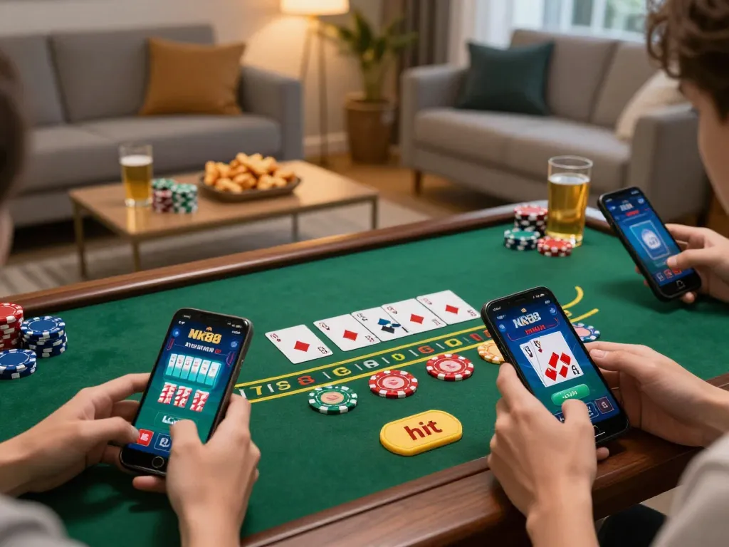 Navigating NK88 online casino app for a thrilling blackjack game session at home.