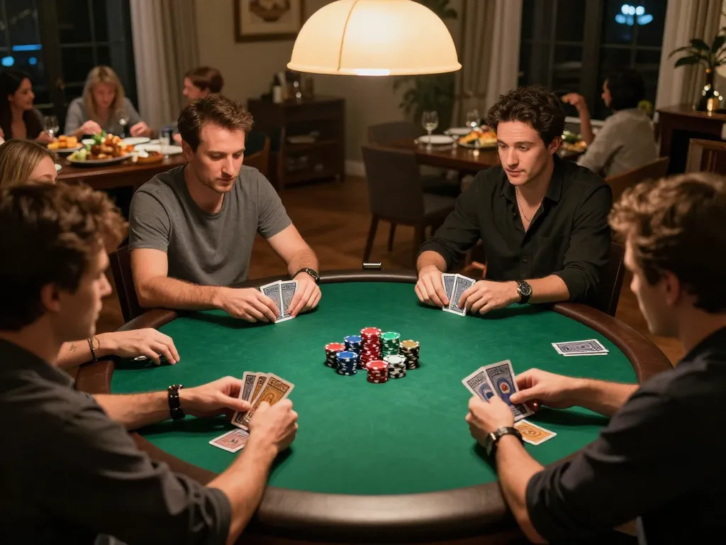 Players strategizing in a friendly poker game at home, enhancing the kp88vip experience.