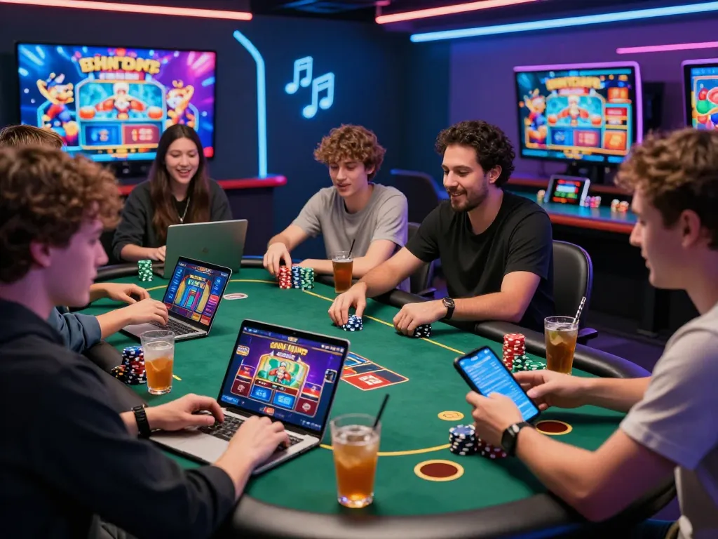 Players enjoying various games on VN88 at an online casino with vibrant graphics and modern devices.