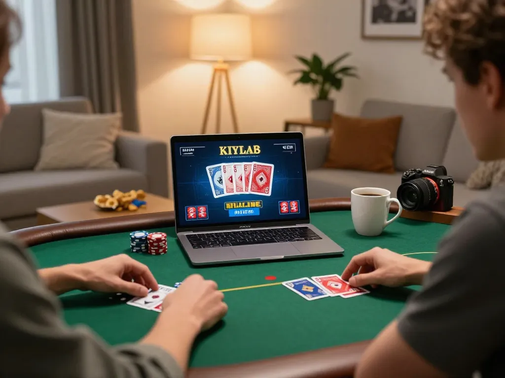 C168 players enjoying an online poker game in a cozy living room setting, showcasing responsible gaming behavior.