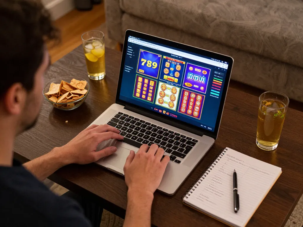 Engaging player using laptop for 789 win online gambling with colorful slot displays and strategy notes.