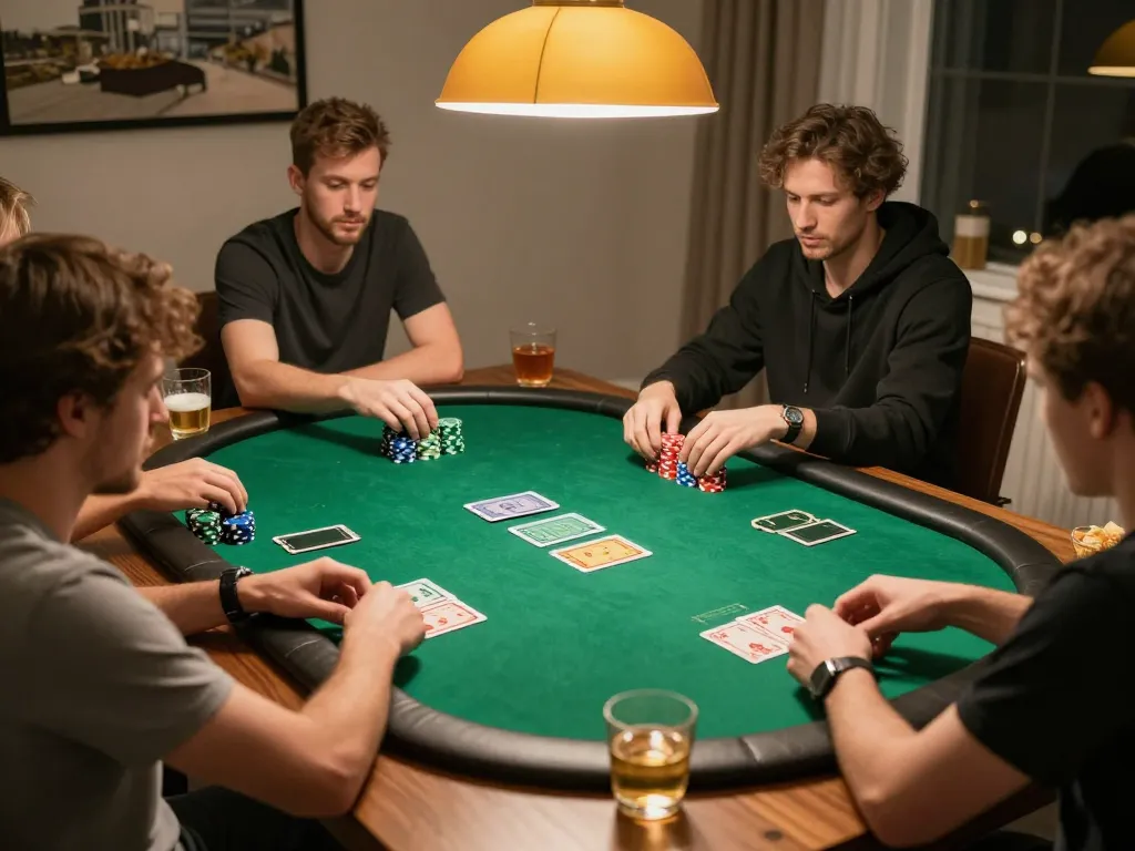 DAGA home poker night with players strategizing at a vibrant green felt table, competitive atmosphere.