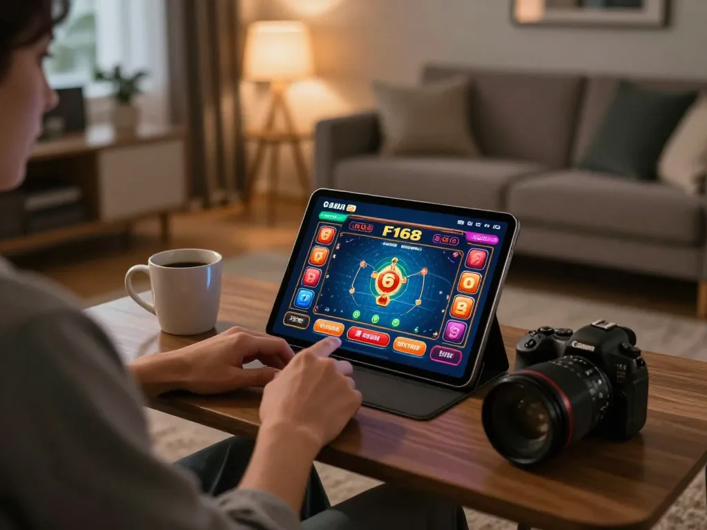 Person engaging with F168 casino app on tablet in cozy home setting, showcasing online gambling excitement.