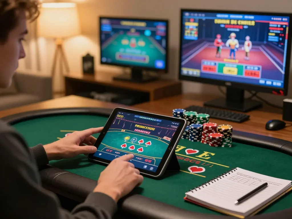 Engaged player using SC88 app for baccarat gameplay at home, showcasing strategic betting.