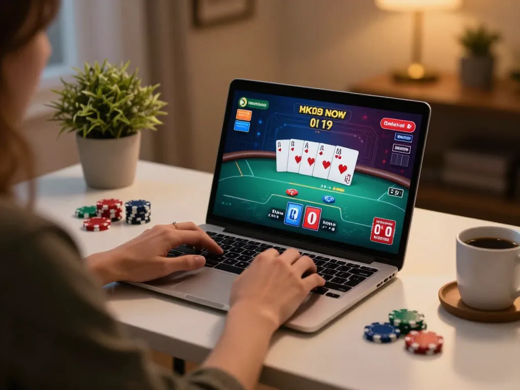 Engaging with the 789win link while playing poker online, user immersed in the game experience