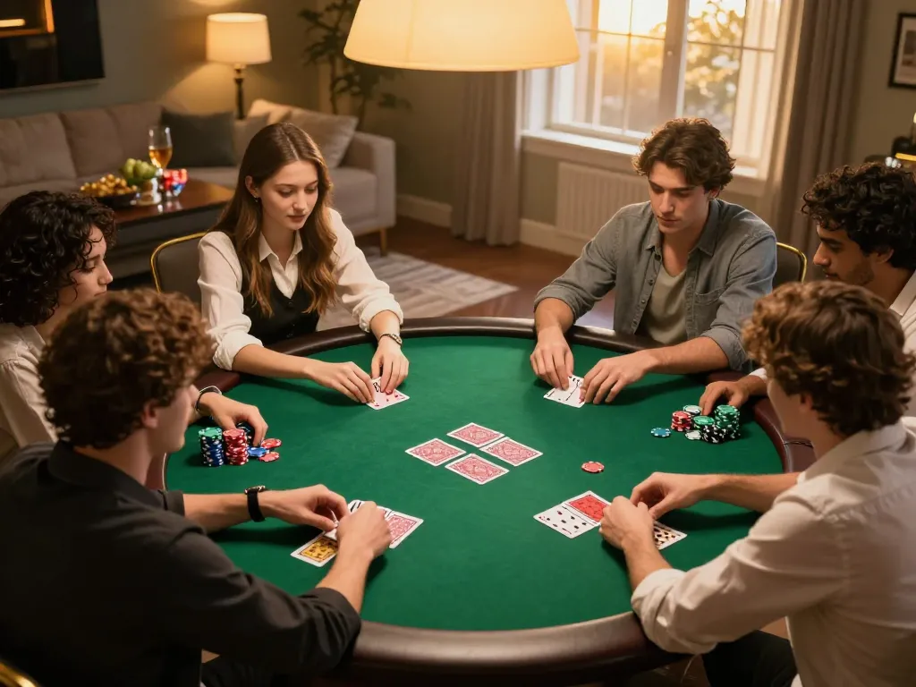 Friends enjoying a poker night at home, showcasing strategic gameplay and social bonding at XX88.