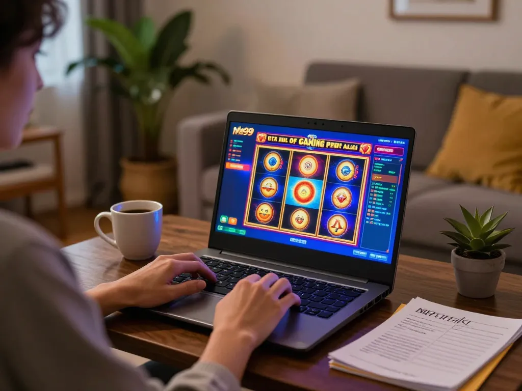 Player enjoying Me99 online slots at home with coffee and strategy notes