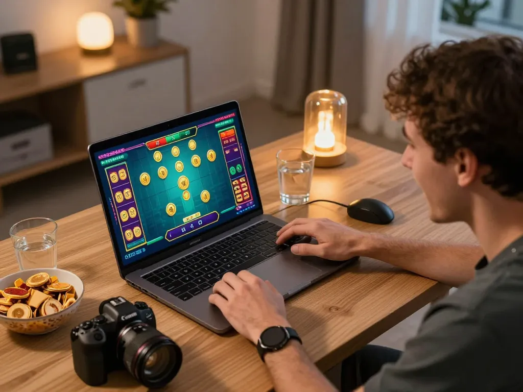 xóc đĩa online gameplay on a laptop illuminating the player's focus and excitement in a cozy home setting
