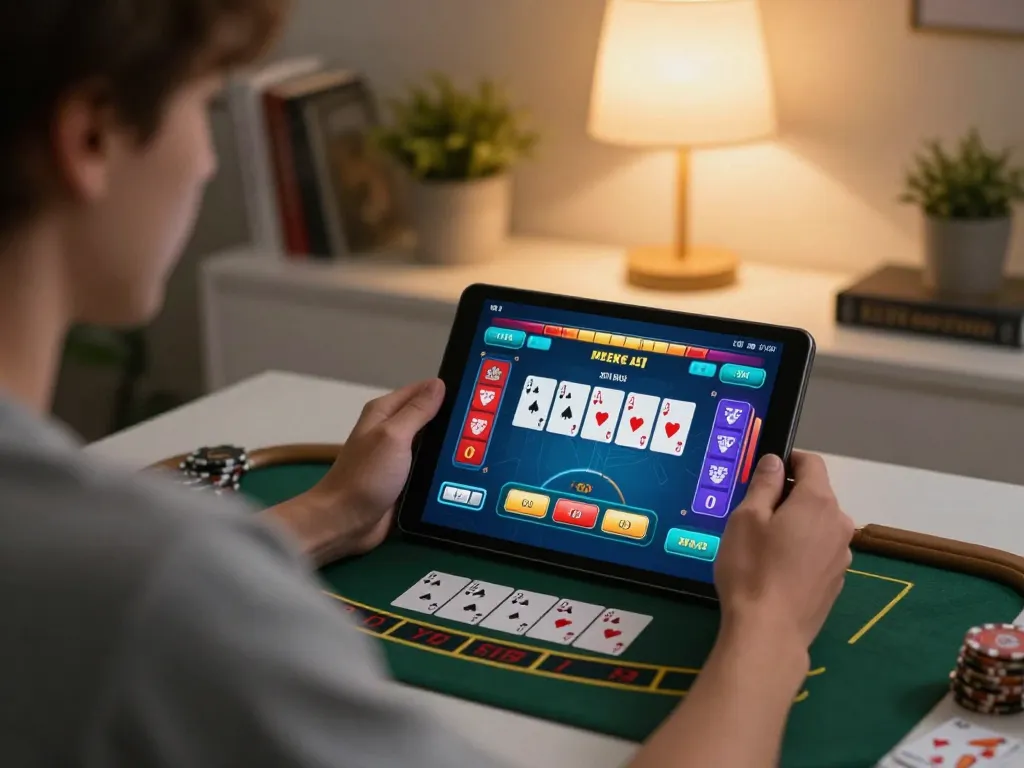 vu88 gaming at home with a person engaged in live blackjack on tablet interface