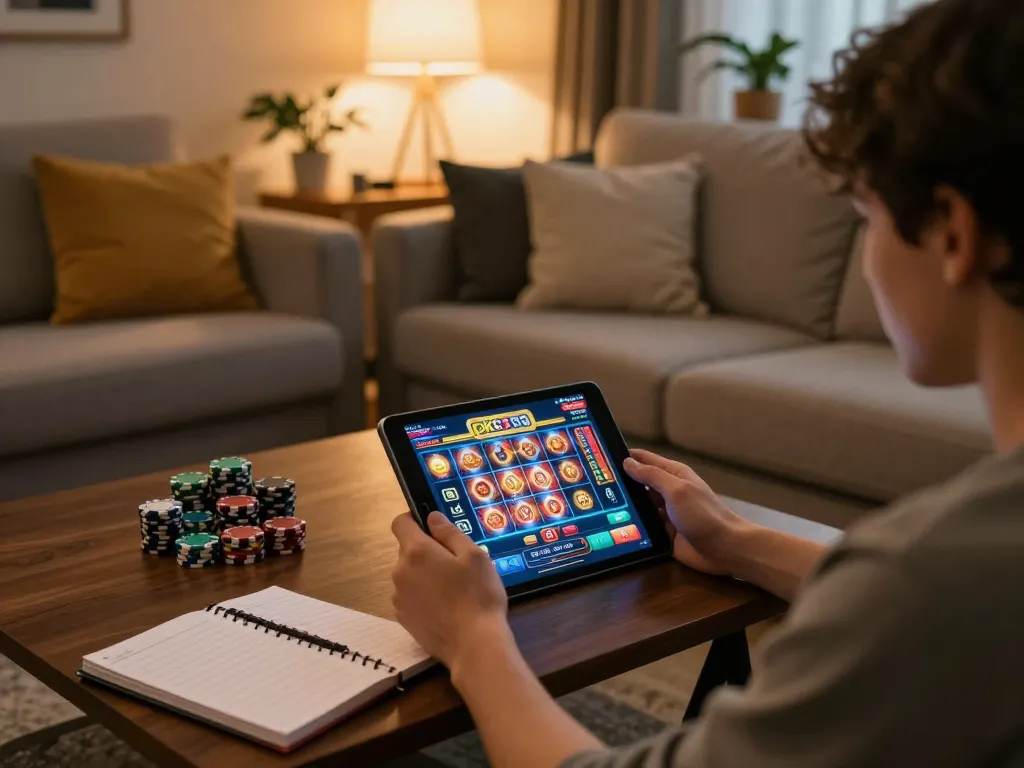 Engaging online gambling scene with a player using ok8386 on a tablet in a cozy setting