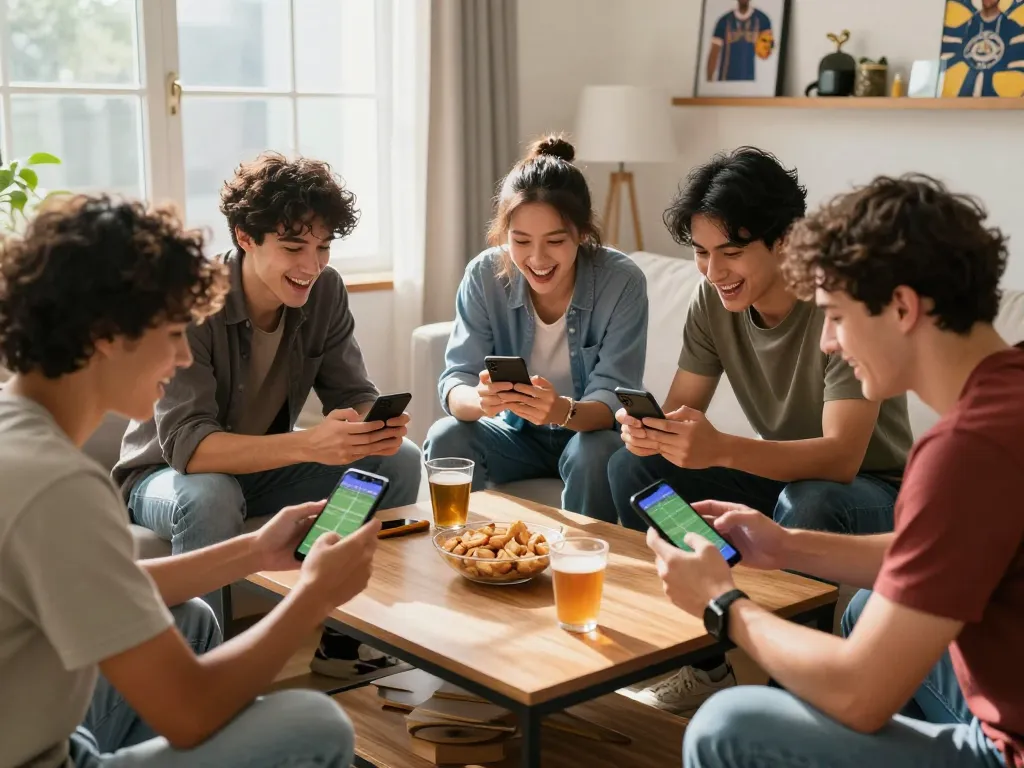 Kèo Nhà Cái enhances betting experience as friends discuss sports odds at home while using mobile devices.
