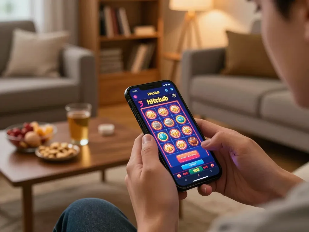 Person playing casino games on the Hitclub app in a cozy home environment, engaging and strategic gaming.