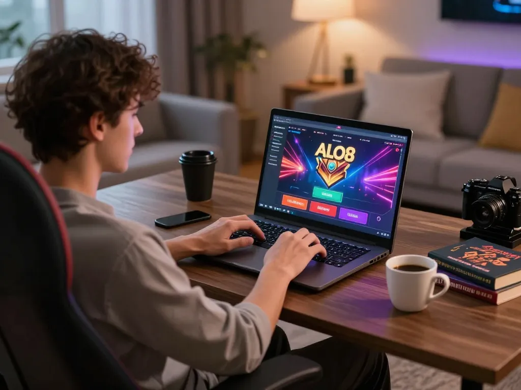 Player enjoying ALO8 online casino on laptop with engaging visuals and cozy atmosphere.