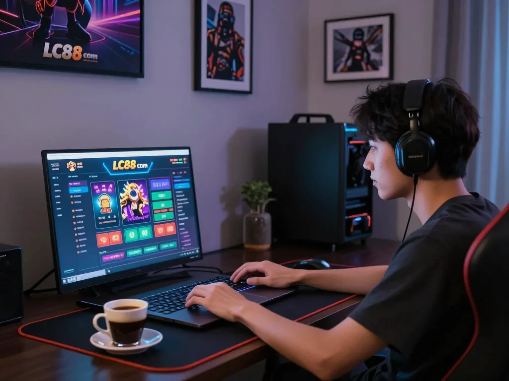Experience strategic online gaming at LC88 com with a cozy home setup and engaged player