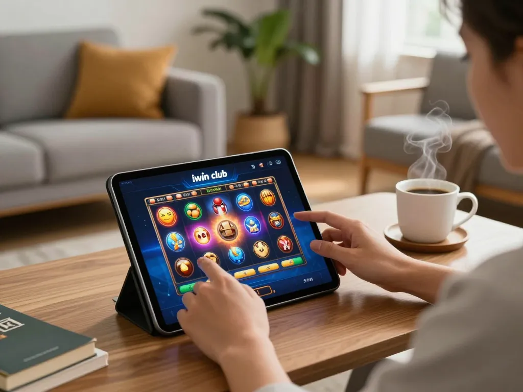 Engaging with the iwin club app on a tablet in a cozy living room setting.