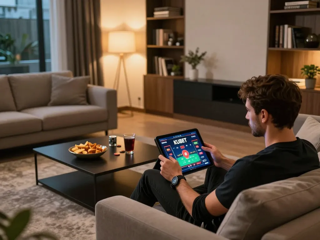 KUBET player enjoying an online casino game on tablet in a cozy living room, highlighting user engagement and comfort.