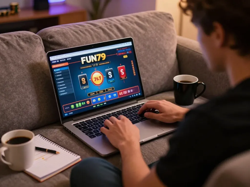 Engaged player using FUN79 online casino app in a cozy living room setting.