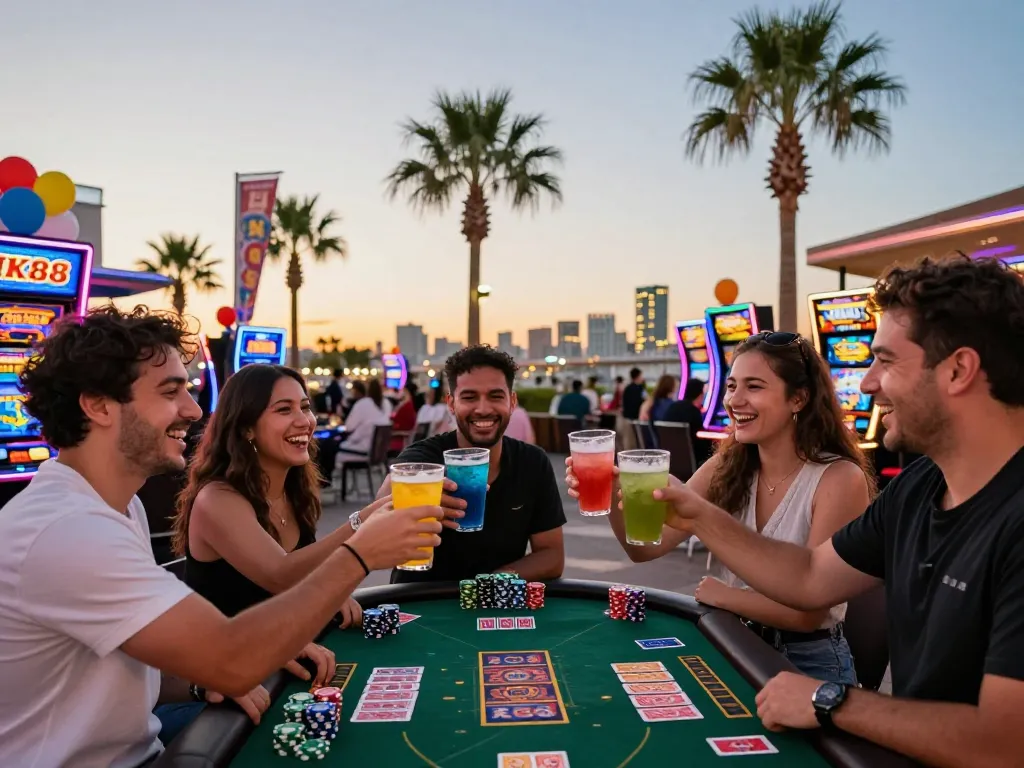 Exciting outdoor NK88 casino celebration with friends at sunset