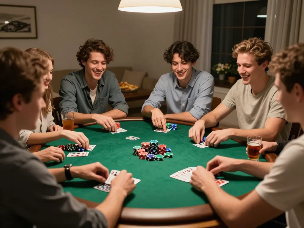 Friends engaged in a lively poker game at home, showcasing strategic play with TX88 poker chips.