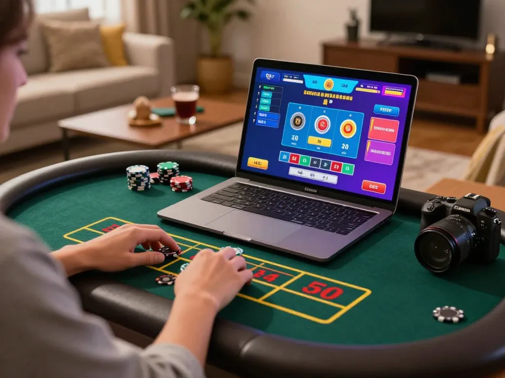 Engaging in a thrilling roulette game on tic88, person placing bets on a laptop in a cozy atmosphere.