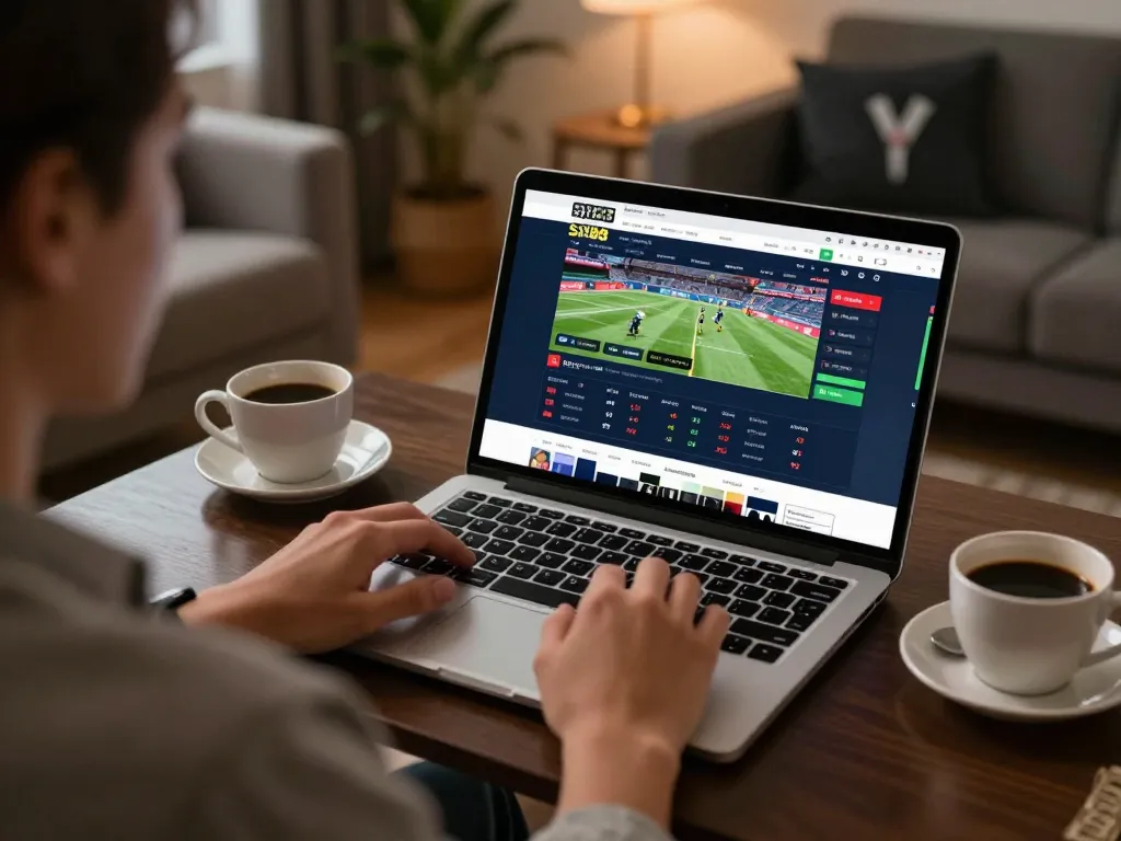 SX88 user engaging in online sports betting with laptop at home, showcasing live event interface.