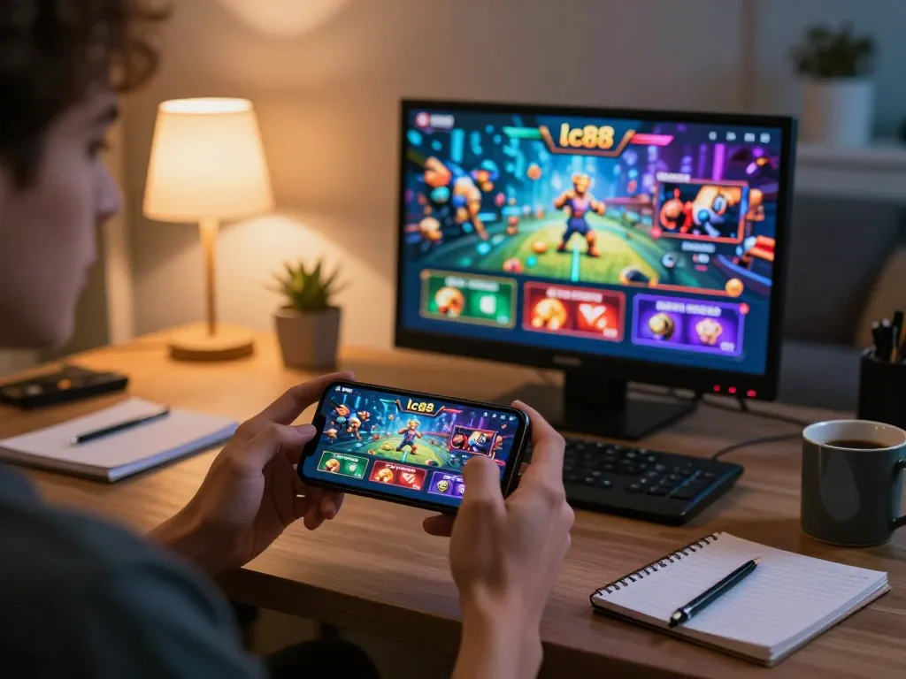 Gambling enthusiast enjoying the lc88 mobile app while planning bets at home