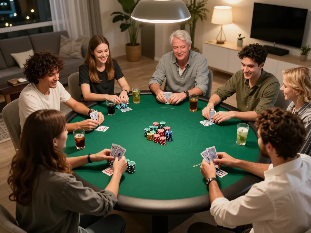 Các người chơi tham gia trò chơi poker tại nhà, thể hiện những khoảnh khắc chiến thuật với Link 12bet được tích hợp vào trải nghiệm chơi game.