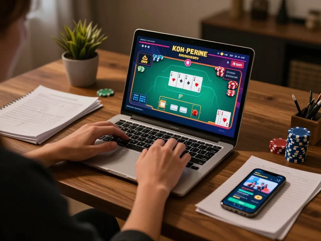 Engaging in online casino gameplay on 33win laptop with strategic notes visible