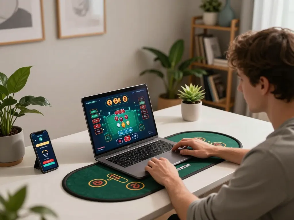 Engaged player enjoying live dealer gaming at luck8, showcasing modern setup and vibrant atmosphere.