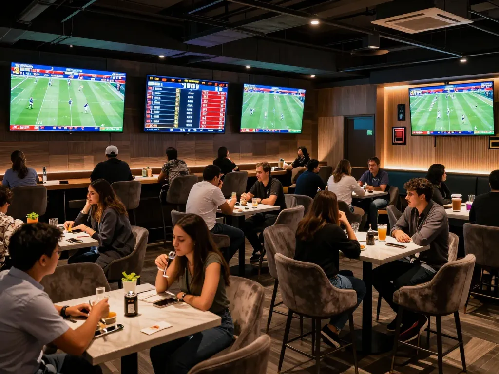 Patrons engaged in sports betting while closely monitoring kết quả bóng đá on large screens in an upscale lounge.